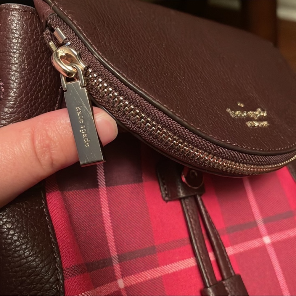 Kate Spade “Leila” Brown Leather & Pink Plaid Backpack, Lk New - Picture 9 of 13